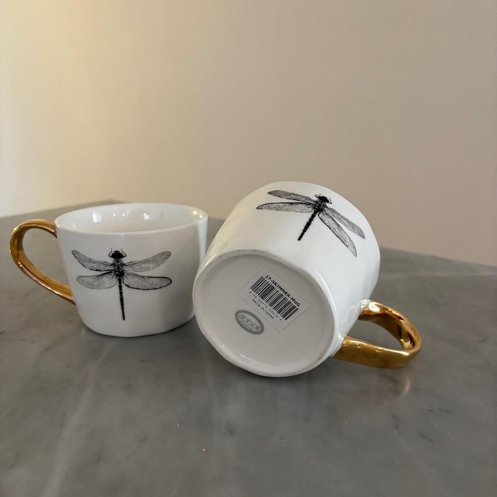 Dragonfly Low Mug with Gold Handle set of 2 - Picture 2 of 3